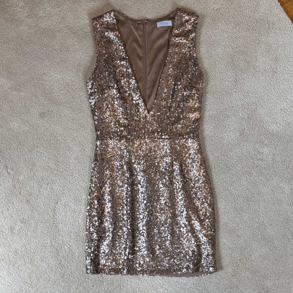 Tobi Rose Gold Sequin V-Neck Mini Dress